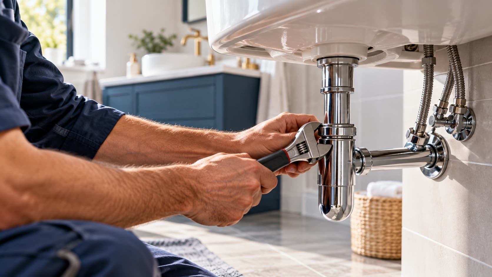 Intervention sur la plomberie sous un lavabo