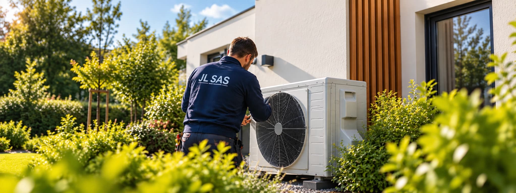 Technicien JL SAS intervenant sur une pompe à chaleur devant une habitation