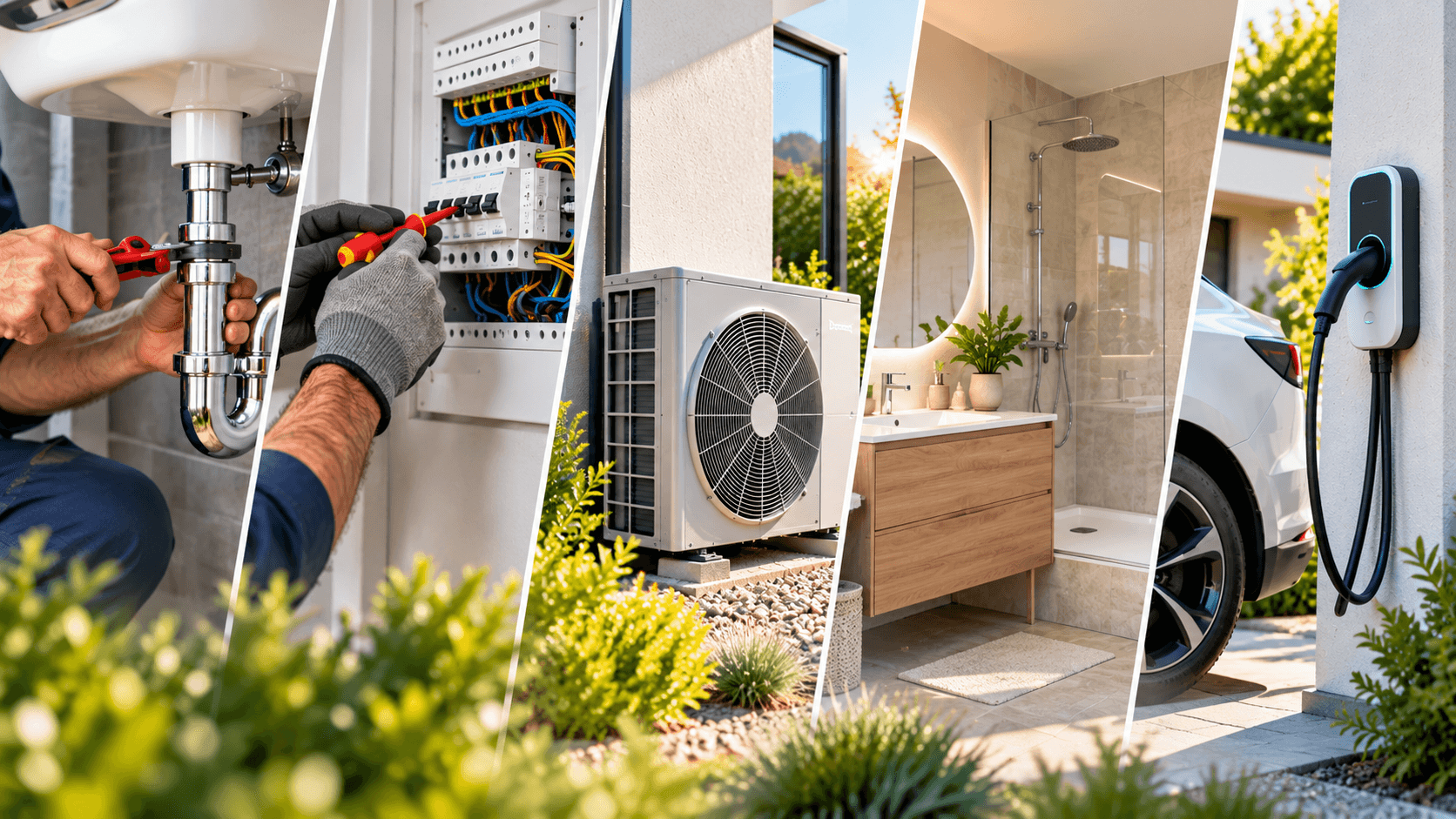 Montage des métiers JL SARL : plomberie, électricité, pompe à chaleur, salle de bain et borne de recharge
